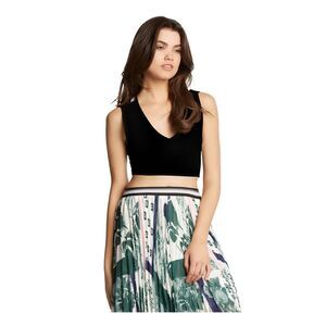 KIIND OF Womens Black Stretch Zippered Sleeveless V Neck Crop Top L